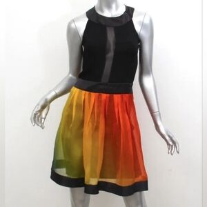 JONATHAN SAUNDERS  Black and Rainbow Fit & Flare Chiffon Dress Size European 40